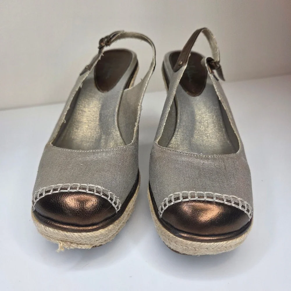 Cole Haan G Series Metallic Gold Canvas Espadrille Wedge Slingback Sandals 7B